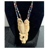 Beautiful LARGE Carved Bone Jeweled Jaguar / Owl / Eagle Pendant Necklace by Susan Tereba
