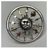 Very Nice Large Signed Sterling Silver Sun Face Moon & Stars Brooch Pendant - Signed 