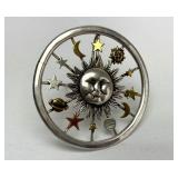 Very Nice Large Signed Sterling Silver Sun Face Moon & Stars Brooch Pendant - Signed 