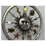 Very Nice Large Signed Sterling Silver Sun Face Moon & Stars Brooch Pendant - Signed 