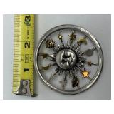 Very Nice Large Signed Sterling Silver Sun Face Moon & Stars Brooch Pendant - Signed 
