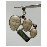 Lovely 3-Face Sterling Silver Carved Bone Pendant w/Pink & Amber Gemstones