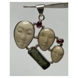 Lovely 3-Face Sterling Silver Carved Bone Pendant w/Pink & Amber Gemstones