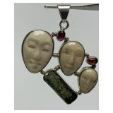 Lovely 3-Face Sterling Silver Carved Bone Pendant w/Pink & Amber Gemstones