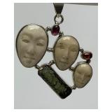 Lovely 3-Face Sterling Silver Carved Bone Pendant w/Pink & Amber Gemstones