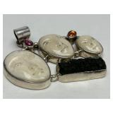 Lovely 3-Face Sterling Silver Carved Bone Pendant w/Pink & Amber Gemstones
