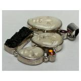 Lovely 3-Face Sterling Silver Carved Bone Pendant w/Pink & Amber Gemstones