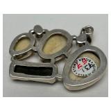 Lovely 3-Face Sterling Silver Carved Bone Pendant w/Pink & Amber Gemstones
