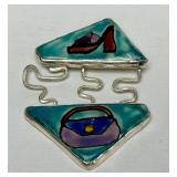 Larger Whimsical Sterling Silver & Enamel Shoes & Purse Brooch Pendant by MN Artist Laura Stamper