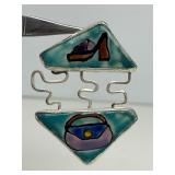 Larger Whimsical Sterling Silver & Enamel Shoes & Purse Brooch Pendant by MN Artist Laura Stamper