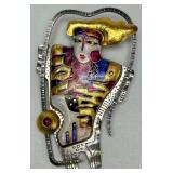 Outstanding Signed Modernist Sterling Silver 22K Gold & Enamel Brooch Pendant by Celiane & Ronald Dunetz