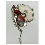 Sculptural Signed Sterling Silver Brooch w/Beautiful Agate Pearl & Other Stones