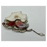 Sculptural Signed Sterling Silver Brooch w/Beautiful Agate Pearl & Other Stones