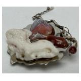 Sculptural Signed Sterling Silver Brooch w/Beautiful Agate Pearl & Other Stones