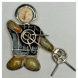 Large ZINLANDIA Sterling Silver & Stone Figural Brooch Pendant w/Hunter