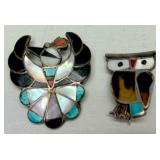 2 Smaller Vintage Inlaid Zuni Sterling Bird Brooches w/Owl