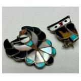 2 Smaller Vintage Inlaid Zuni Sterling Bird Brooches w/Owl