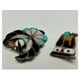 2 Smaller Vintage Inlaid Zuni Sterling Bird Brooches w/Owl
