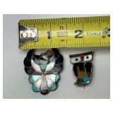2 Smaller Vintage Inlaid Zuni Sterling Bird Brooches w/Owl
