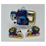 Fabulous Signed Modernist Sterling 22K Gold & Enamel Brooch Pendant & Earring Set by Celiane & Ronald Dunetz