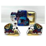 Fabulous Signed Modernist Sterling 22K Gold & Enamel Brooch Pendant & Earring Set by Celiane & Ronald Dunetz