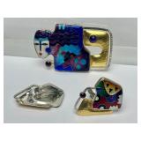 Fabulous Signed Modernist Sterling 22K Gold & Enamel Brooch Pendant & Earring Set by Celiane & Ronald Dunetz