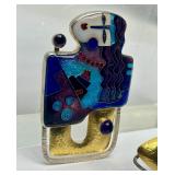 Fabulous Signed Modernist Sterling 22K Gold & Enamel Brooch Pendant & Earring Set by Celiane & Ronald Dunetz