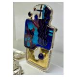 Fabulous Signed Modernist Sterling 22K Gold & Enamel Brooch Pendant & Earring Set by Celiane & Ronald Dunetz