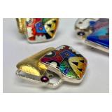 Fabulous Signed Modernist Sterling 22K Gold & Enamel Brooch Pendant & Earring Set by Celiane & Ronald Dunetz