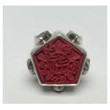 Signed Jeweled Sterling Silver & Carved Cinnabar Ring - Size 7.25