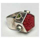Signed Jeweled Sterling Silver & Carved Cinnabar Ring - Size 7.25