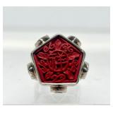 Signed Jeweled Sterling Silver & Carved Cinnabar Ring - Size 7.25