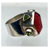 Signed Jeweled Sterling Silver & Carved Cinnabar Ring - Size 7.25
