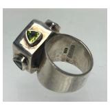 Signed Jeweled Sterling Silver & Carved Cinnabar Ring - Size 7.25