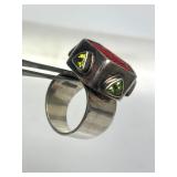 Signed Jeweled Sterling Silver & Carved Cinnabar Ring - Size 7.25