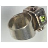 Signed Jeweled Sterling Silver & Carved Cinnabar Ring - Size 7.25