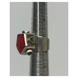 Signed Jeweled Sterling Silver & Carved Cinnabar Ring - Size 7.25