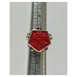 Signed Jeweled Sterling Silver & Carved Cinnabar Ring - Size 7.25