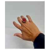 Signed Jeweled Sterling Silver & Carved Cinnabar Ring - Size 7.25