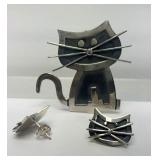 Sterling Silver Cat Brooch w/Matching Earring Set