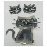 Sterling Silver Cat Brooch w/Matching Earring Set