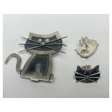 Sterling Silver Cat Brooch w/Matching Earring Set