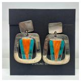 Quality Southwestern Vintage Inlaid Sterling Silver Earring Set w/Turquoise & Coral