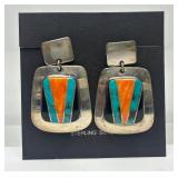 Quality Southwestern Vintage Inlaid Sterling Silver Earring Set w/Turquoise & Coral