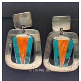 Quality Southwestern Vintage Inlaid Sterling Silver Earring Set w/Turquoise & Coral