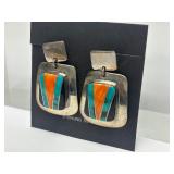 Quality Southwestern Vintage Inlaid Sterling Silver Earring Set w/Turquoise & Coral