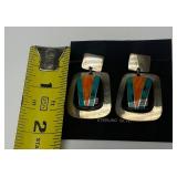 Quality Southwestern Vintage Inlaid Sterling Silver Earring Set w/Turquoise & Coral