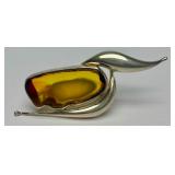 Sculptural Sterling Silver & Sliced Amber Brooch