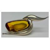 Sculptural Sterling Silver & Sliced Amber Brooch