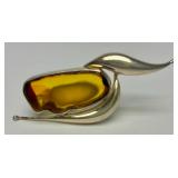 Sculptural Sterling Silver & Sliced Amber Brooch